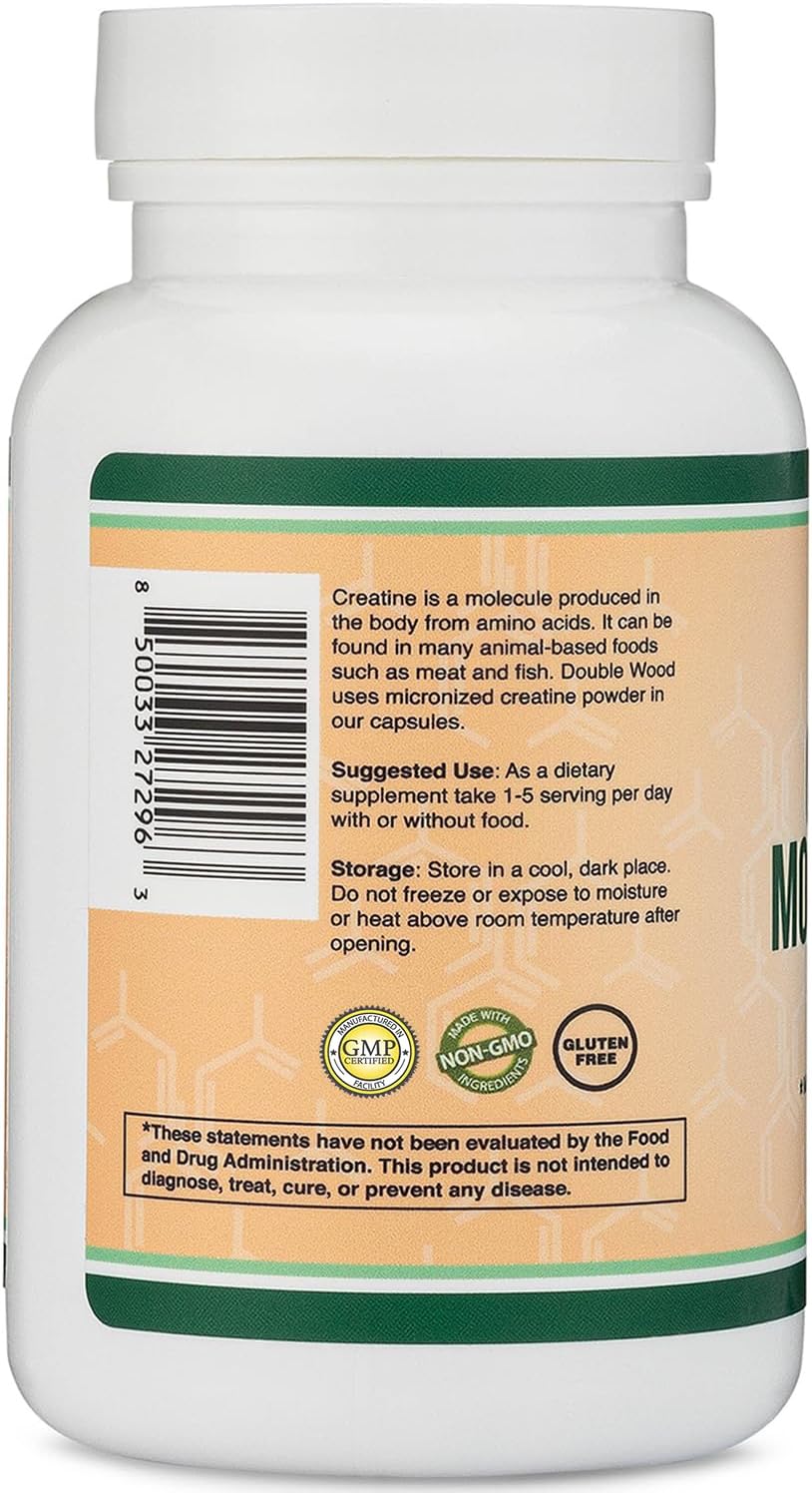 T Creatine Pills 1,000Mg per Serving (120 Creatine Capsules) Micronized Creatine Monohydrate Powder with No Fillers, Vegan Safe, Non-Gmo, Gluten Free (Non Stim Preworkout) by Double Wood