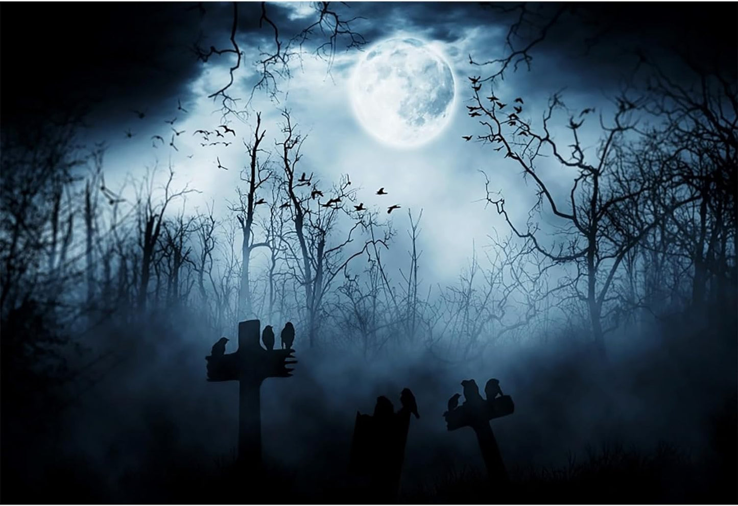 7X5Ft Vinyl Halloween Theme Backdrop Gloomy Scene Photography Background Scary Graveyard Tombstone Scary Night Ghost Full Moon Children Baby Adults Portraits Photo Studio